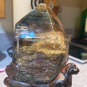 SUPER SALE!!Smoky garden quartz with green phantom in a gorgeous redwood stand